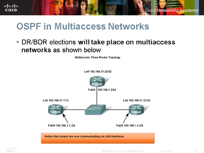 OSPF in Multiaccess Networks DR/BDR elections will take place on multiaccess networks as shown